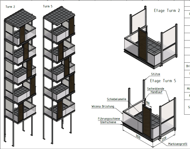 Werkplanung der Balkontürme - Umsetzung als 4-Stützen bzw. 6-Stützen-Version 2