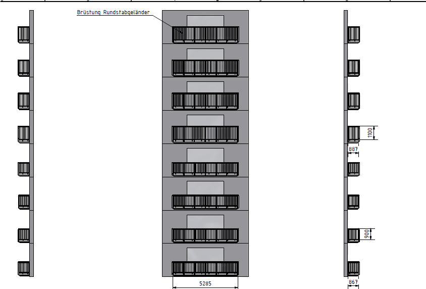 Werkplanung BONDA – 3D-Modelle Isometrie der Balkontürme Balkone Geländer 2